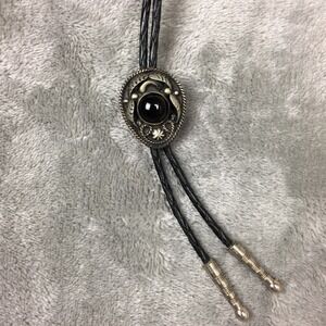 Vintage Alpaca Silver Tone Black Stone Western Bolo Tie Made in Mexico‎